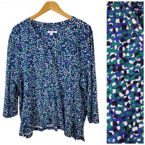 Chicos T-Shirt Henley Top XXL 4 Blue Green Dot 3/4 Sleeve Casual